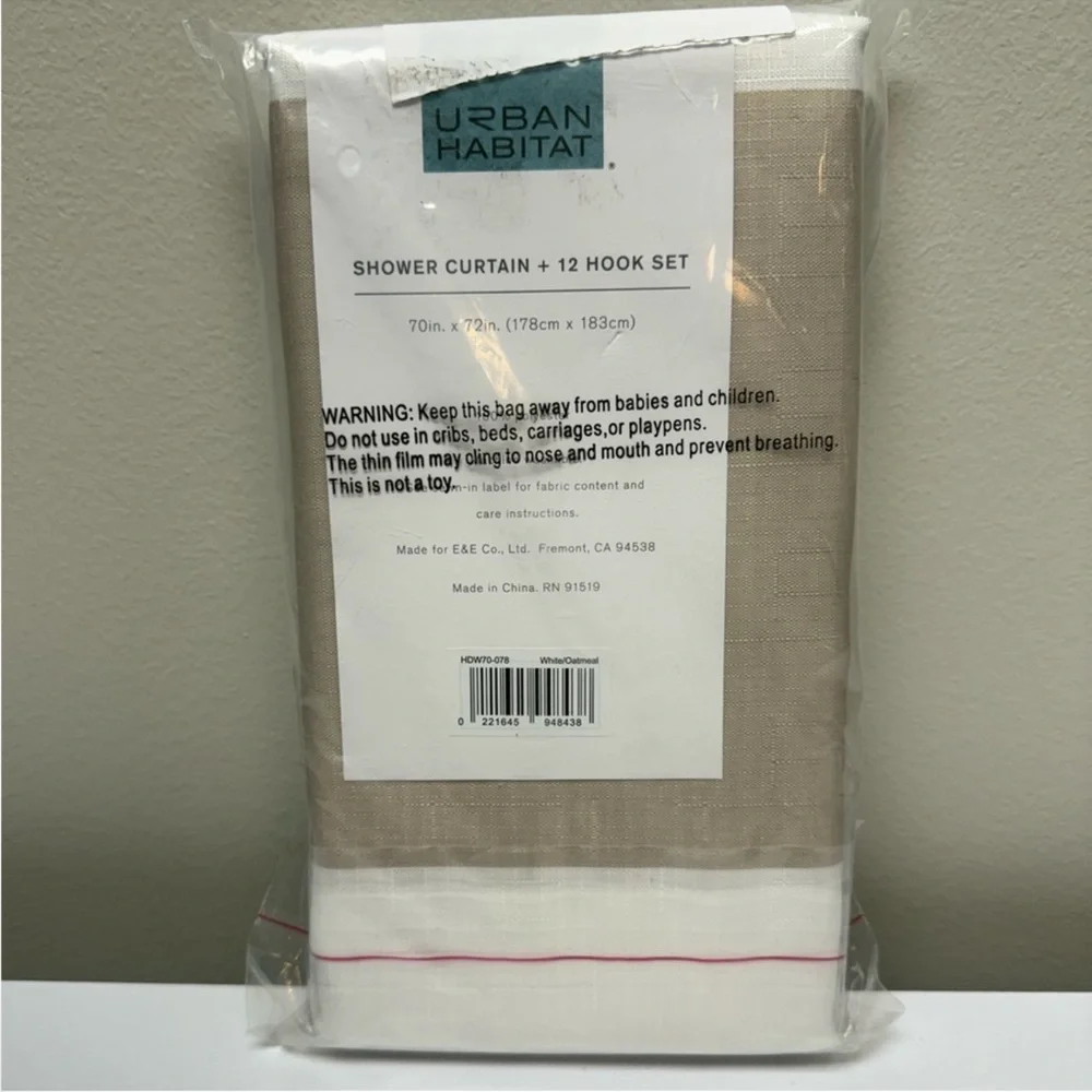 New! Urban Habitat Polyester Shower Curtain Plus 12 Hooks Set in White/ Oatmeal